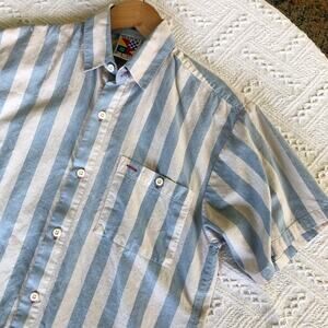 VTG 90s Newport Blue Striped Button Down Shirt Short Sleeve Blue White Casual S